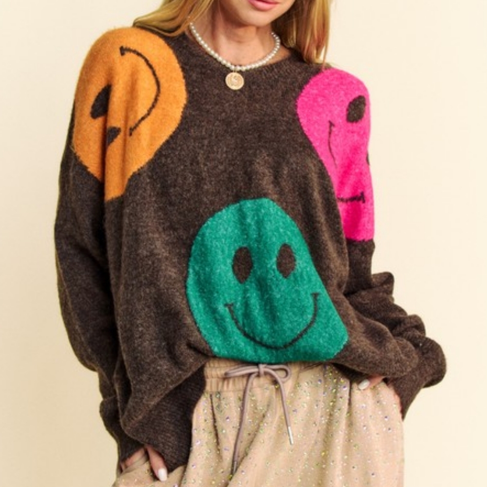 DAVI & DANI Knit Smiley Face Contrast Long Sleeve Oversized Pullover Sweater Top - Picture 13 of 16